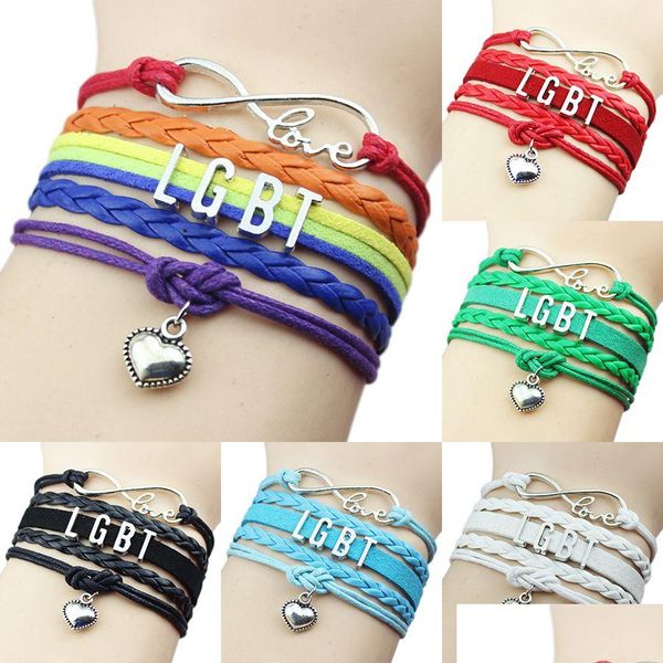 Bracelets de charme Mode Lgbt Gay Lesbienne Bracelets d'enveloppement en cuir tressé corde infini amour coeur charme bracelet pour femmes hommes Friendshi Dh0Ae