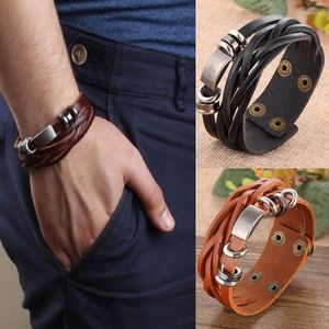 Bracelets à breloques Fashion Men's Metal Steel Studded Surfer Leather Vintage Bangle