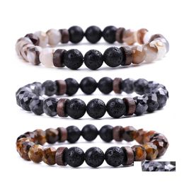 Bracelets de charme Mode Hommes Bracelet Facettes Pierre Naturelle En Bois Perlé 8mm Oeil De Tigre Spectrolite Bouddha Perles De Lave Stretch Femmes J Dhexm