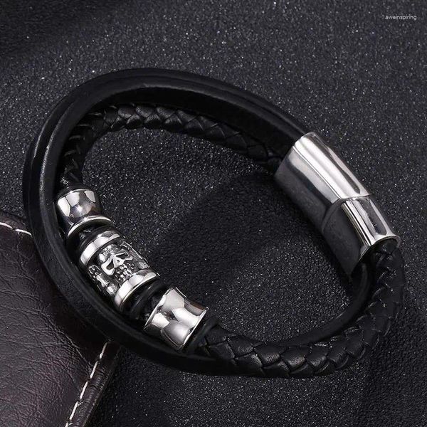 Pulseras de encanto Moda Hombres Joyería Punk Negro Multicapa Trenzado Cuero Wrap Pulsera Masculino Acero Inoxidable Cráneo Accesorios SP0209