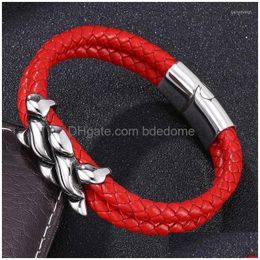 Bedelarmbanden mode mannen sieraden rood dubbel gevlochten lederen handarmband mannelijke roestvrij staal magnetische clasps trendy heren sp0123 dh4di