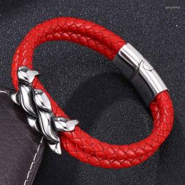 Charme Bracelets Mode Hommes Bijoux Rouge Double Tressé En Cuir Main Bracelet Mâle En Acier Inoxydable Fermoirs Magnétiques À La Mode Hommes SP0123