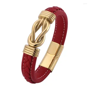 Bracelets de charme Fashion Men Bijoux Red Cuir Red Hand Tente irrégulier graphique Gold en acier inoxydable Magnet Ferme de bracelet Male PD0769