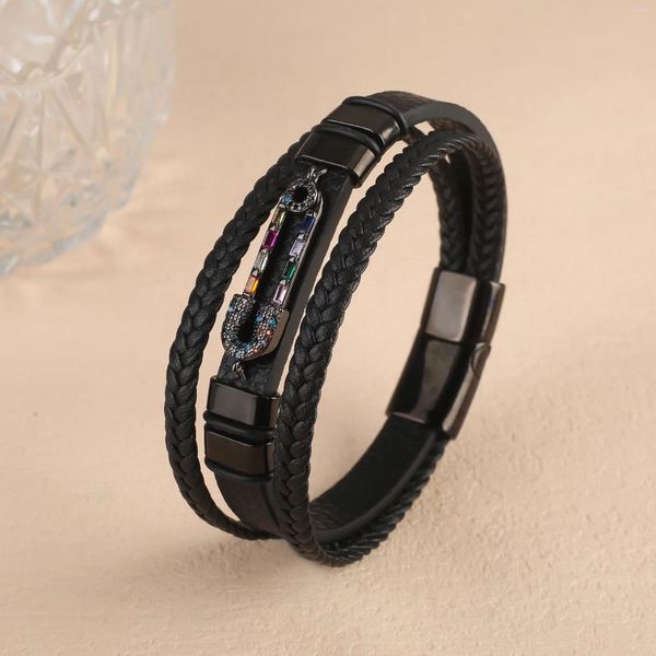 Pulseras con dijes Moda para hombre Brazalete de acero inoxidable Muñeca Cuerda de cuero negro Pulsera de múltiples capas Pin personalizado Joyería de circonia