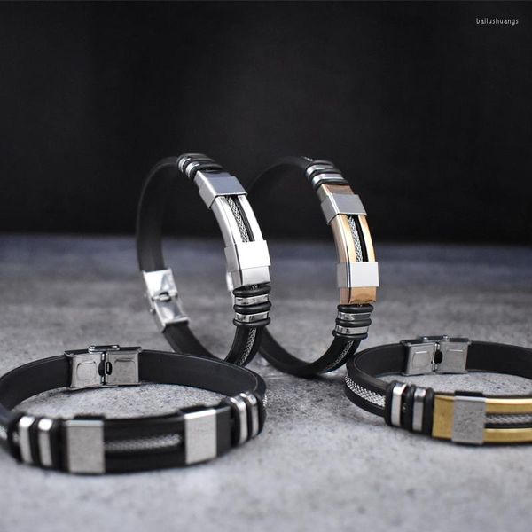 Bracelets porte-bonheur mode hommes acier inoxydable fil de caoutchouc Silicone Cool homme Bracelet décontracté tendance mâle bijoux accessoires