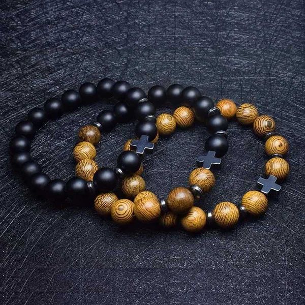 Bracelets de charme Fashion Mens Cross Bracelet Natural Wooden Braclet Homme Meditation Prayer Yoga Braslet Localiers ACCESSOIRES ONYX PULSERA PLUSER Y240510