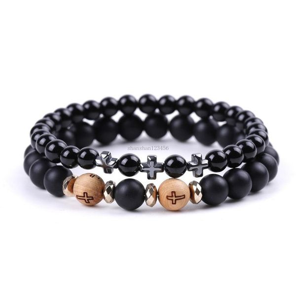 Charme Bracelets Mode Hommes Croix Bracelet Noir Agate Bois Perles Bracelets Bracelet Manchette Pour Femmes Hommes Bijoux Drop Delivery Dhr7V