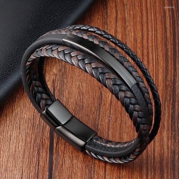Bracelets porte-bonheur mode multi couche tissé corde marron noir Bracelet en cuir acier inoxydable boucle magnétique hommes bracelets bijoux