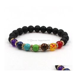 Pulseras con dijes Moda Piedra de lava negra natural 7 Chakra Pulsera 8Mm Turquesa Curación Nce Beads Reiki Buddha Oración Yoga Drop Del Dhtyl