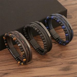 Charm Bracelets Fashion Natural Stone Men's Beaded Bracelet Vintage Leather Handwoven Alloy Buckle Stainless Steel Accessories