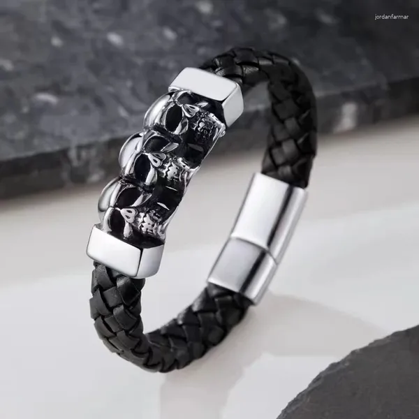 Pulseras con dijes Personalidad de moda Cráneo creativo Pulsera de cuero negro para hombre Hip Hop Punk Joyería y accesorios casuales Regalo