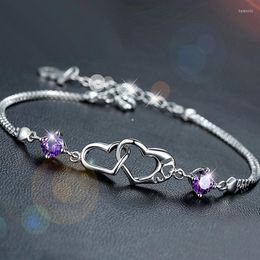 Pulseras con dijes, pulsera de doble corazón de circón púrpura a la moda, elegante fiesta para mujer, promesa de amor, joyería para niña, accesorios de boda