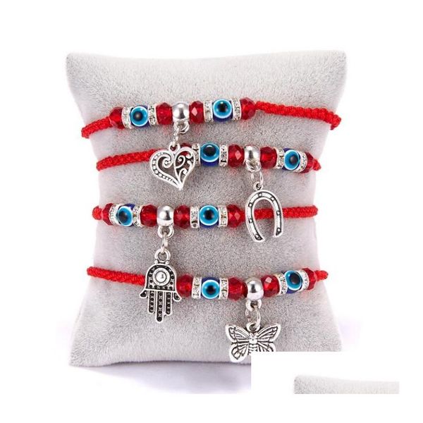 Pulseras con dijes Moda Hilo rojo Azul Turco Mal de ojo Pulsera Hilo Hamsa Herradura Corazón Mariposa Cuelga Encantos Trenza Joyería Dhpnt