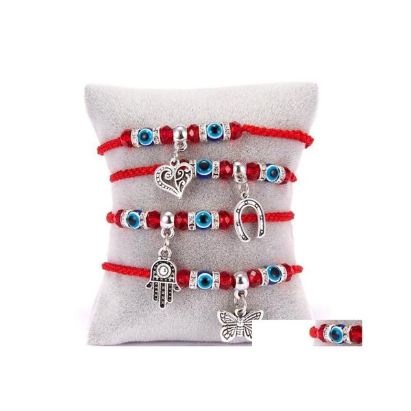 Pulseras con dijes Moda Hilo rojo Azul Turco Mal de ojo Pulsera Hilo Hamsa Herradura Corazón Mariposa Cuelga Encantos Trenza Joyería DHBFL