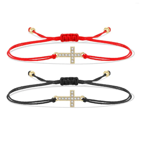 Pulseras de encanto Moda Red String Cross para mujeres Hombres Zirconia CZ Cobre Chapado en oro Vintage Cuerda trenzada Regalo de joyería católica