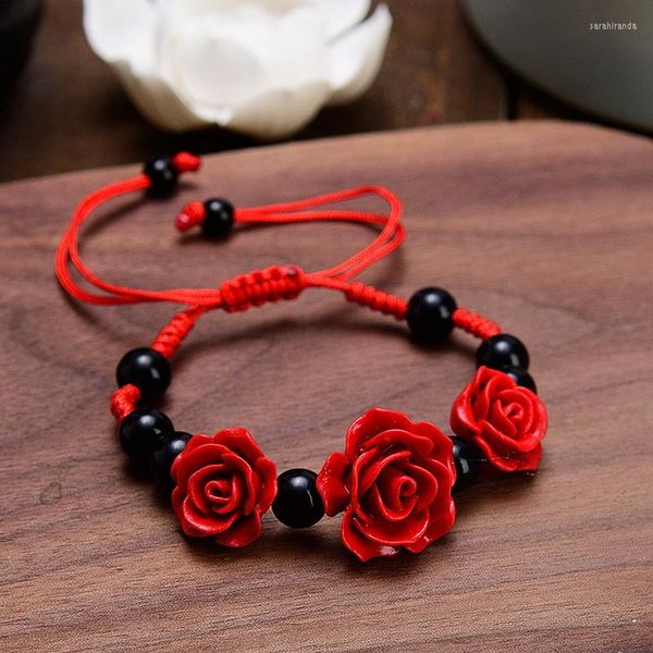 Bracelets de charme Mode Rose Fleur Bracelet Ethnique Artisanat Laque Sculpté Cinabre Pour Femmes Noir Rouge Corde Tressée