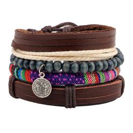Bracelets porte-bonheur mode ronde bois perle femmes multicouche bracelets en cuir pour homme à la main coloré corde corde bijoux charme