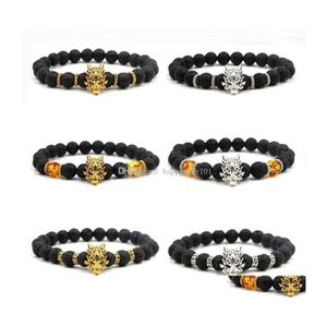 Pulseras con dijes Moda Sier Chapado en oro Cabeza de dragón Piedra de lava negra natural Pulsera elástica Aromaterapia Difusor de aceite esencial F Dhg8E