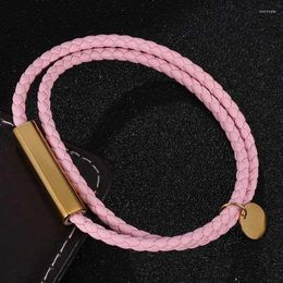 Bedelarmbanden mode eenvoudige sieraden roze dubbele lederen armband voor vrouwelijke mannen roestvrij staal magnetische gesp paren SP0703