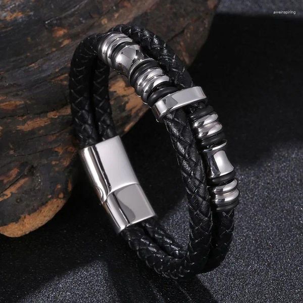 Bracelets de charme Bracelet en acier inoxydable de mode hommes double noir tressé en cuir corde bracelet vintage mâle bijoux aimant boucle bracelet