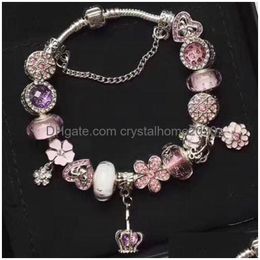 Pulseras con dijes Moda Sterling Sier Pink Murano Lampwork Glass Beads europeos Cinco pétalos Flor Crystal Crown Dangle Se adapta al encanto Br Dh5Mb