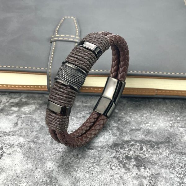 Pulseras con dijes Estilo de moda Tejido a mano Accesorio de combinación de múltiples capas Pulsera de cuero para hombres de acero inoxidable Regalo clásico Gran ventaC