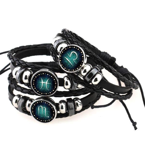 Bracelets de charme Mode Twee Horoscope Corde Tressée Bracelet En Cuir Vintage Noir Perlé 12 Zodiaque Pour Femmes Hommes DIY Punk Bijoux Dro Dhepo