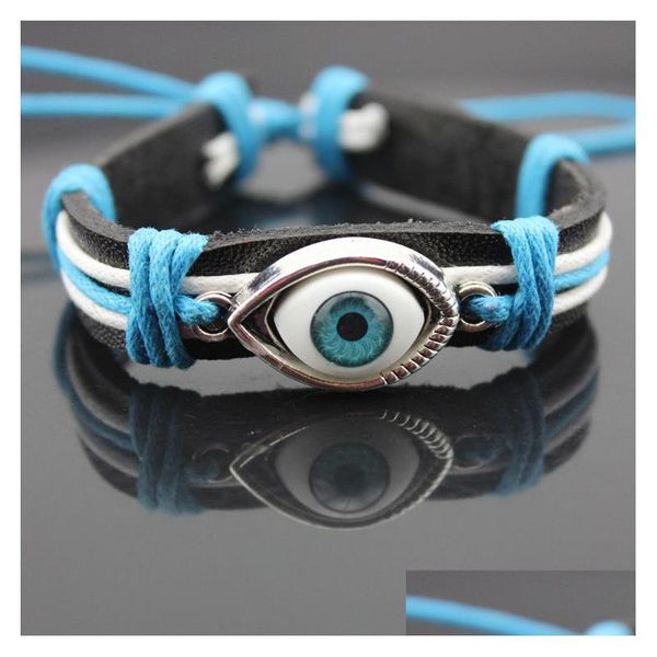 Bracelets de charme Mode Uni Cuir Weave Bracelets Femmes Turquie Bleu Mauvais Oeil Charme Pour Hommes Pu Corde Chaîne Bijoux De Bricolage Bijoux Bracel Dhmbf