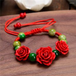 Bracelets porte-bonheur mode femmes Rose Bracelet ethnique artisanat laque sculpté fleur de cinabre pour corde rouge perlée