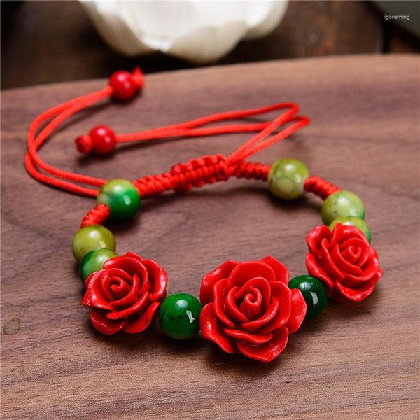 Pulseras con dijes Moda Mujer Pulsera de rosa Artesanía étnica Laca Tallada Flor de cinabrio para cuerda roja Con cuentas