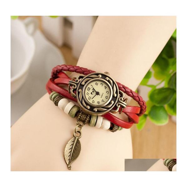 Bracelets de charme Mode Femmes Bracelet Montres Tressé Cuir MTI Couche Bronze Feuille Poignet Pour Dames Boîtier Rond Quartz Drop Deliv Otyil