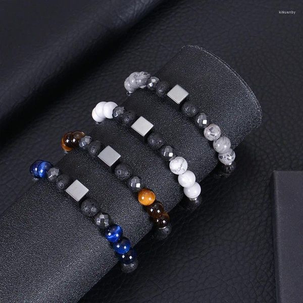 Pulseras de encanto Moda 8 mm Pulsera de piedra de ojo de tigre natural Cuadrado Imán negro Aceite esencial volcánico Yoga Joyería elástica