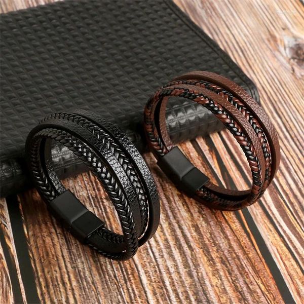 Pulseras de encanto Moda y clásico Hombres Multi Capa Cuerda de cuero Pulsera tejida Super Fibra Aleación Hebilla magnética