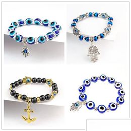 Pulseras de encanto Fátima Mano Hamsa Pulsera Joyería Mujer Hombre Oro Sier Color Moda Azul Diablo Mal Ojo Plam Bell Ancla con cuentas para DH9KH