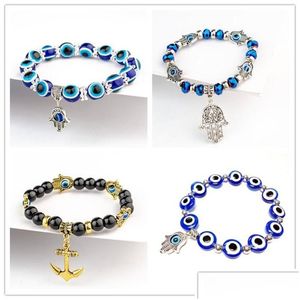 Bracelets de charme Fatima Main Hamsa Bracelet Bijoux Femmes Homme Or Sier Couleur Mode Bleu Diable Mauvais Oeil Plam Bell Perlé Ancre Pour Dhpk1