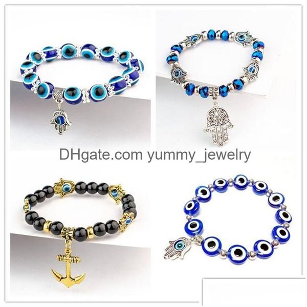Bracelets de charme Fatima Main Hamsa Bracelet Bijoux Femmes Homme Or Sier Couleur Mode Bleu Diable Mauvais Oeil Plam Bell Perlé Ancre Char Dh1Cr