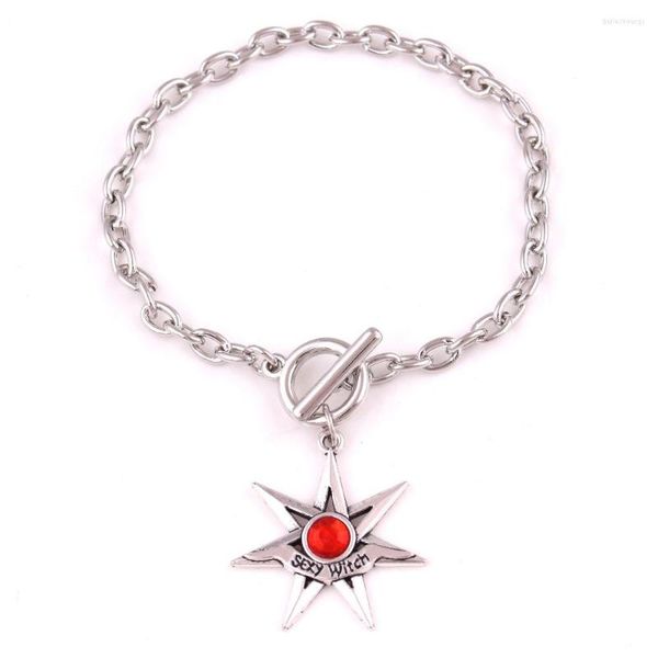 Pulseras con dijes Pulsera para mujer Brazalete Cadena de eslabones Bruja sexy Escrita Estrellas de siete puntas con gota de aleación de zinc de cristal colorido