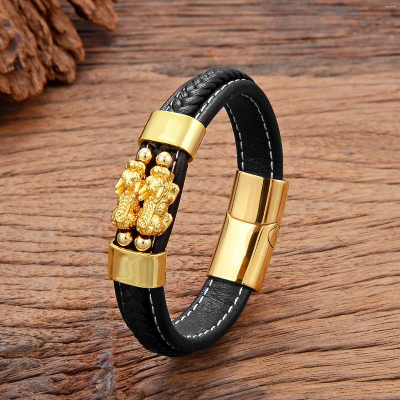 Очарование браслетов Feng Shui Кожаный мужской браслет из золота с золотом, покрытый PixiU