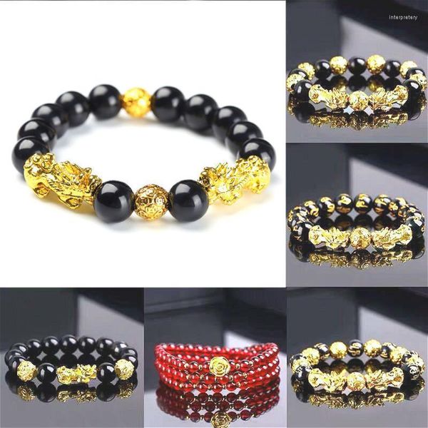 Charm Bracelets Feng Shui Obsidian Stone Beads Bracelet Hombres Mujeres Unisex Wristband Gold Black Pixiu Wealth And Good Luck BraceletCharm Inte2