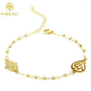 Charm Armbanden FINE4U B228 Rvs Moslim Hamsa Charms Armband 3mm Goud Kleur Kralen Islam Koran Rozenkrans Sieraden voor Women274H