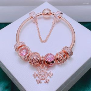 Pulseras con abalorios, pulsera chapada en oro rosa completa con abalorios rosas para mujer, joyería con cuentas europeas, copo de nieve