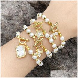 Bracelets de charme Flola Copper Cz Crystal Heart For Women White Pearl Perles OT BOUCLE DES BIJELLES GOLL