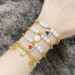 Bracelets de charme Flola Cz Crystal Boys and Girls For Women plaque d'or Chaîne de perle coeur mignon bijoux pulseras mujer BRTK74