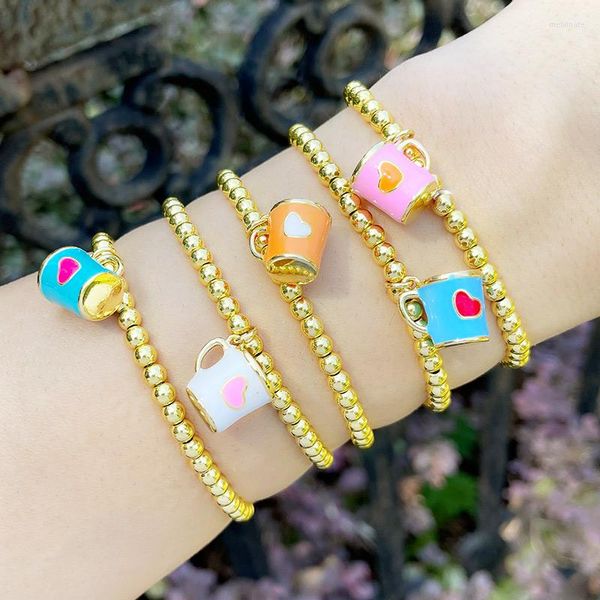 Pulseras con dijes FLOLA, cadena de cuentas doradas, corazón pequeño, taza de café, pulsera, esmalte de cobre, joyería hecha a mano colorida para mujeres Brte09