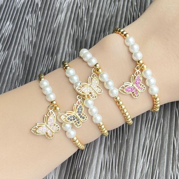 Bracelets de charme FLOLA Perles plaquées or Perle blanche pour femmes Cuivre CZ Cristal Papillon Bijoux délicats Cadeaux de fête Brth31