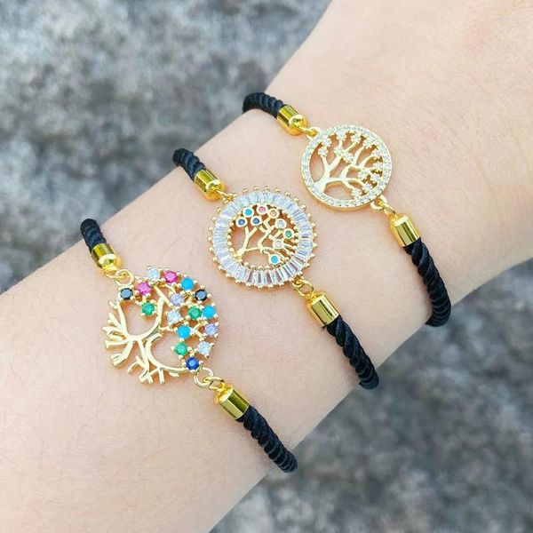 Bracelets de charme FLOLA Arbre de vie en cristal multicolore pour femmes Corde noire Chaîne Chaîne Bijoux chanceux Brtm55