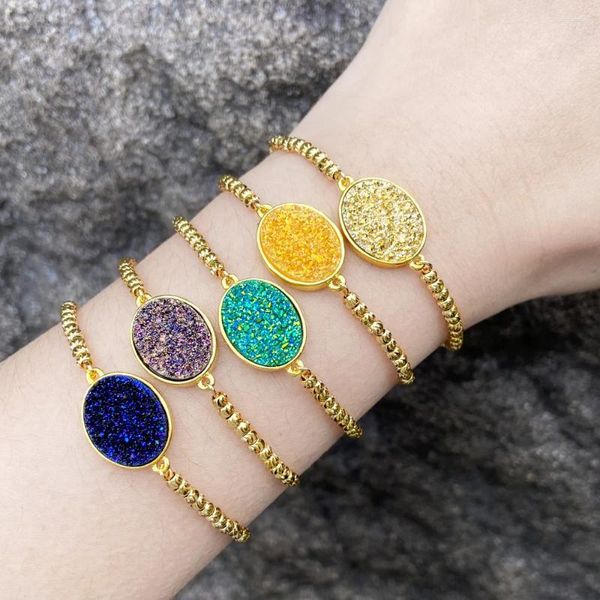 Pulseras de encanto FLOLA Brillante Oval Druzy Piedra para mujeres Cuentas chapadas en oro Cristal Joyería ajustable Regalos BRTB41