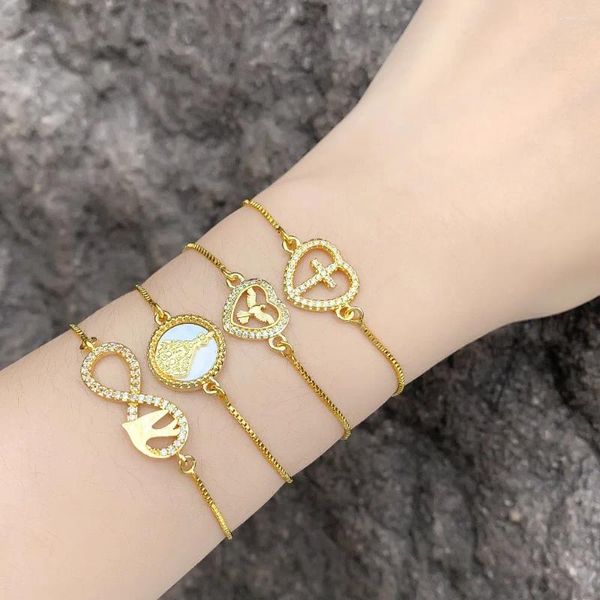 Pulseras de encanto FLOLA Cruz chapada en oro simple para mujeres Cobre CZ Rhinestone Virgen María Joyería religiosa Regalos BRTK24