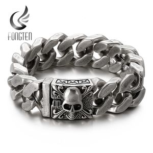 Charme Bracelets Fongten gothique crâne Bracelets pour hommes antique argent couleur acier inoxydable chaîne cubaine lourd Bracelet Bracelet bijoux en gros 231009