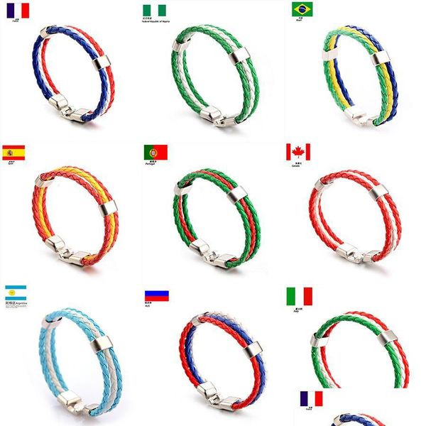 Charm Bracelets Football Soccer Team Pulsera de cuero con bandera nacional Stripe Charms Pulsera trenzada hecha a mano Fans Gift Drop Del Dh9Lo